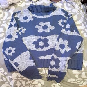 SHEIN Blue and Ivory Floral Knit Turtleneck Sweater